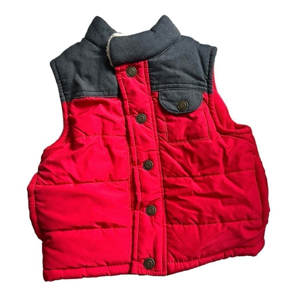 Baby Boys Carters Quilted Houndstooth Red & Sherpa Cozy Snap Down Vest - Sz 2T